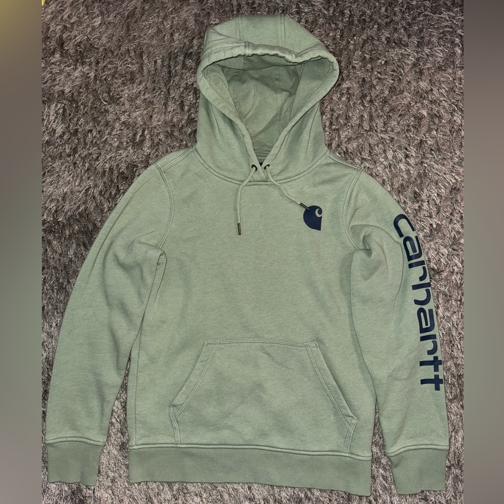 Carhartt Men's Sage Green Hoodie with Navy Logo